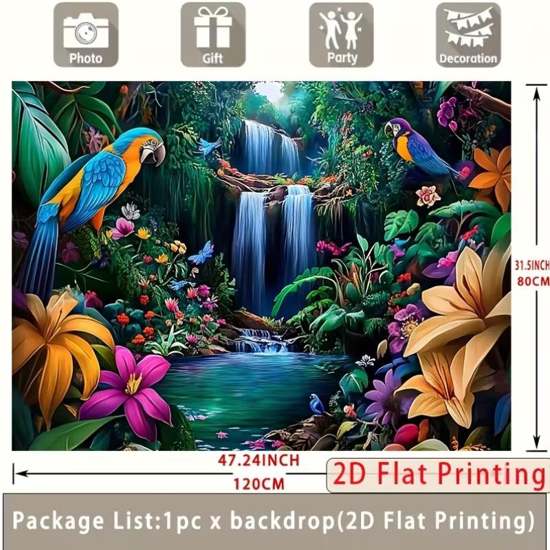 2D Tropical Exotic Backdrop, Parrots, Waterfall & Lush Foliage Background