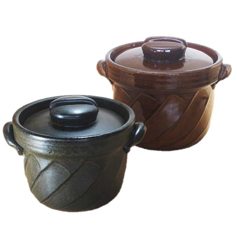 Maruyoshi Pottery Twisted Rice Cooker, Black Glaze, 1-cup capacity, Black, Diameter 22.7cm x 26cm x Height 20cm, Made in Japan, Banko Ware, Suitable f