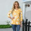 Damen Casual Dreiviertelarm Blumenprint Rundhalsausschnitt Oberteil Leichter Weicher Stoff Bequeme Passform Bluse für den Alltag