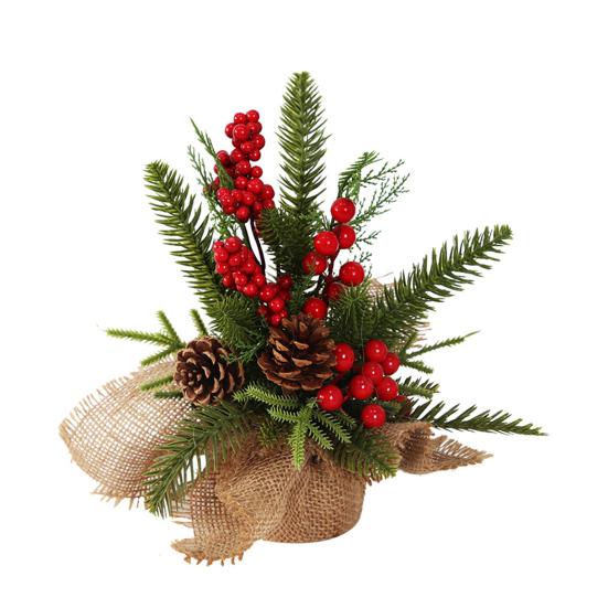 Small Christmas Artificial Plants with Burlap Base Faux Pine Branches with Red Berries/Poinsettias Flower