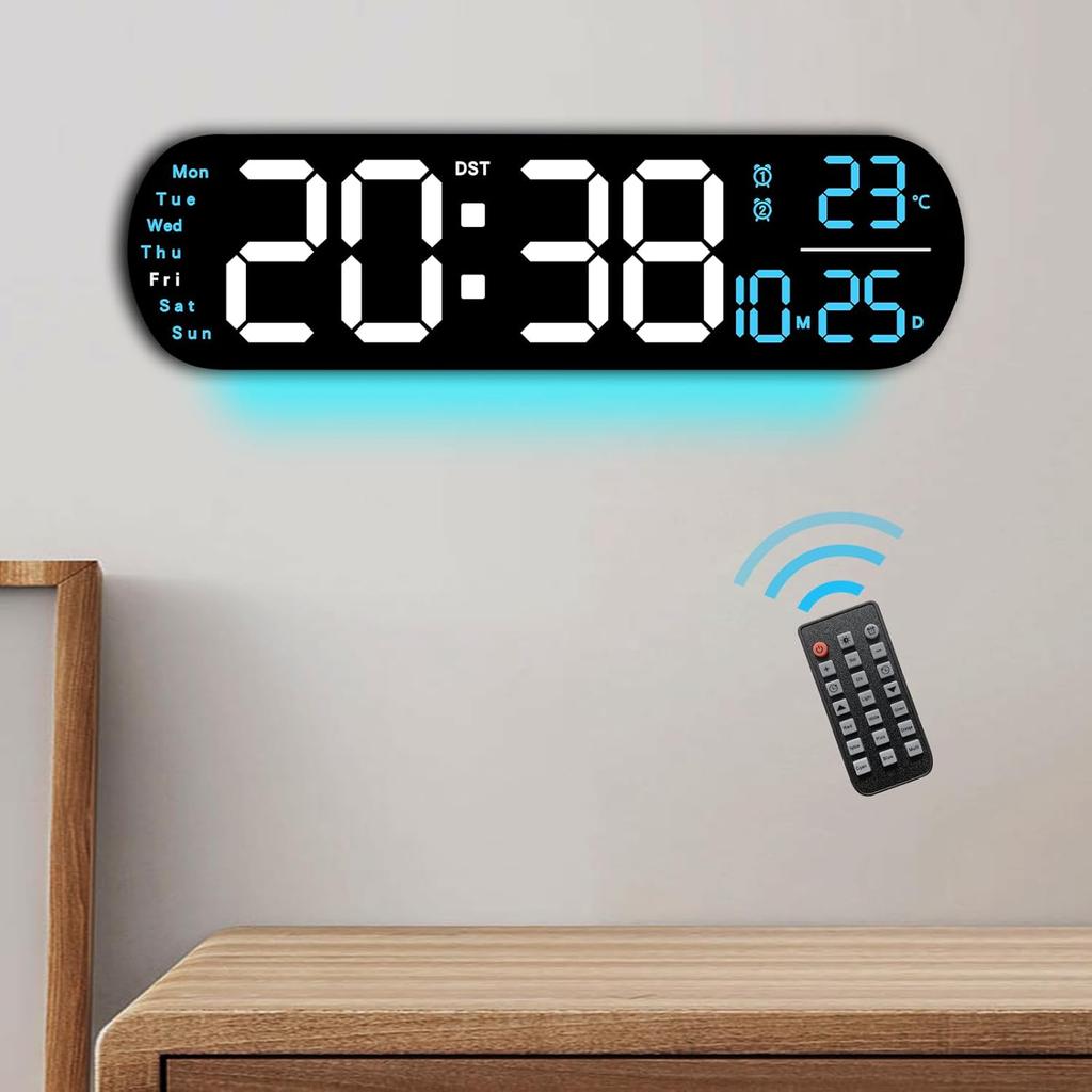 14.3" Digital Wall Clock with Remote Control, Large Display, LED Clock for Living Room, Bedroom, Auto-Dimming, 9 Color Night Light, Auto DST, Date,