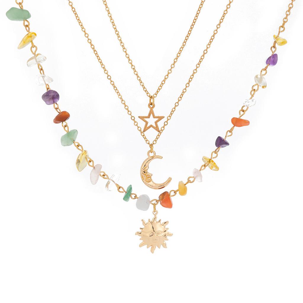 Retro Moon Sun Star Pendant Necklace Women Multilayer Jewelry Accessories