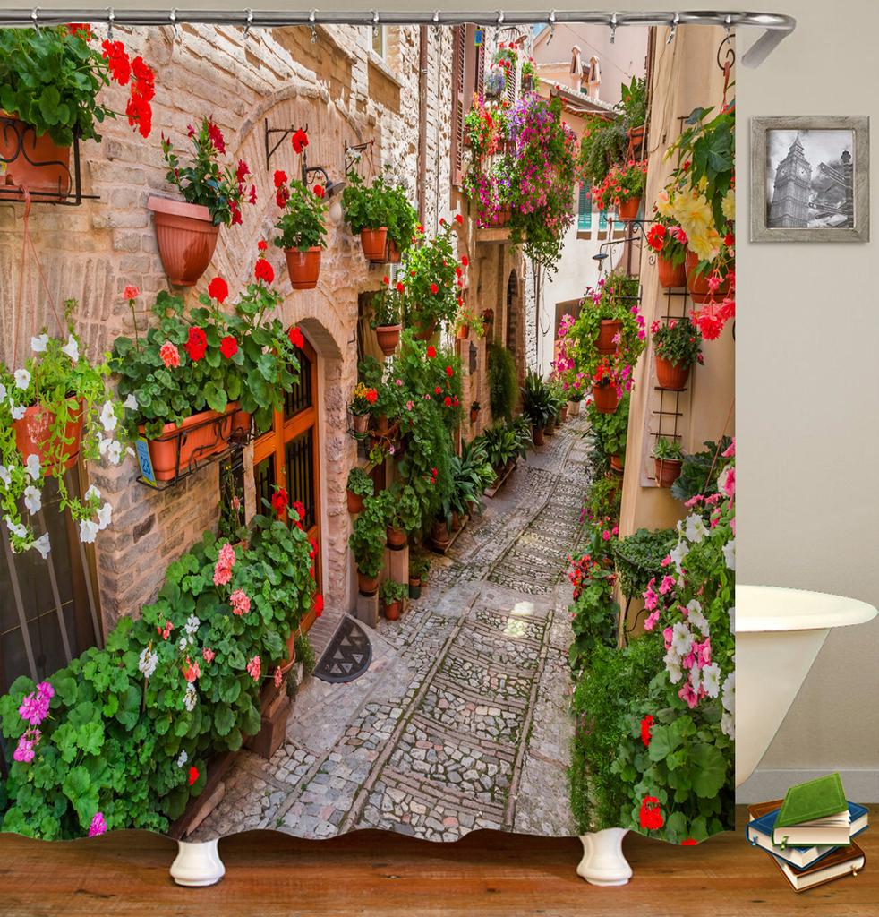 Flowers Scenery Waterproof Shower Curtains Rural Street Flowers Bathroom Curtains Polyester Fabric Washable Decor Bath Curtains