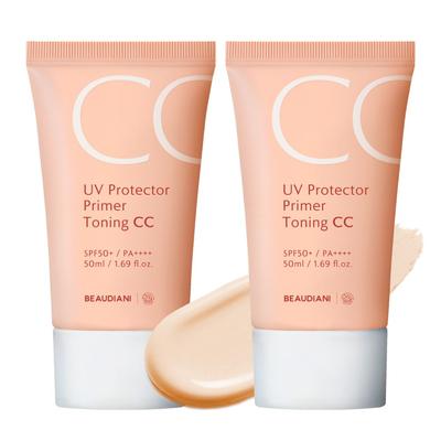 Beaudiani CC Cream 50ml Tone-up Primer Makeup Base Skin Tone Correction Brightening Leak-free UV Protection Sun Cream SPF50+, Natural Beige, 2 Pcs.