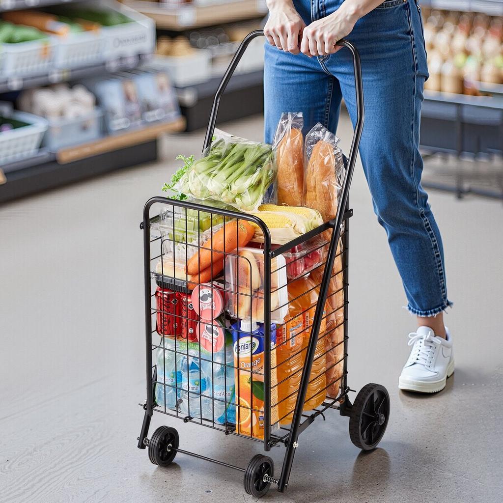 Shopping Cart, Folding Grocery Utility Cart with Swivel Wheels, 40.8 kg Large Load Capacity, Heavy Duty Rolling Laundry Basket Butler for Laundry,