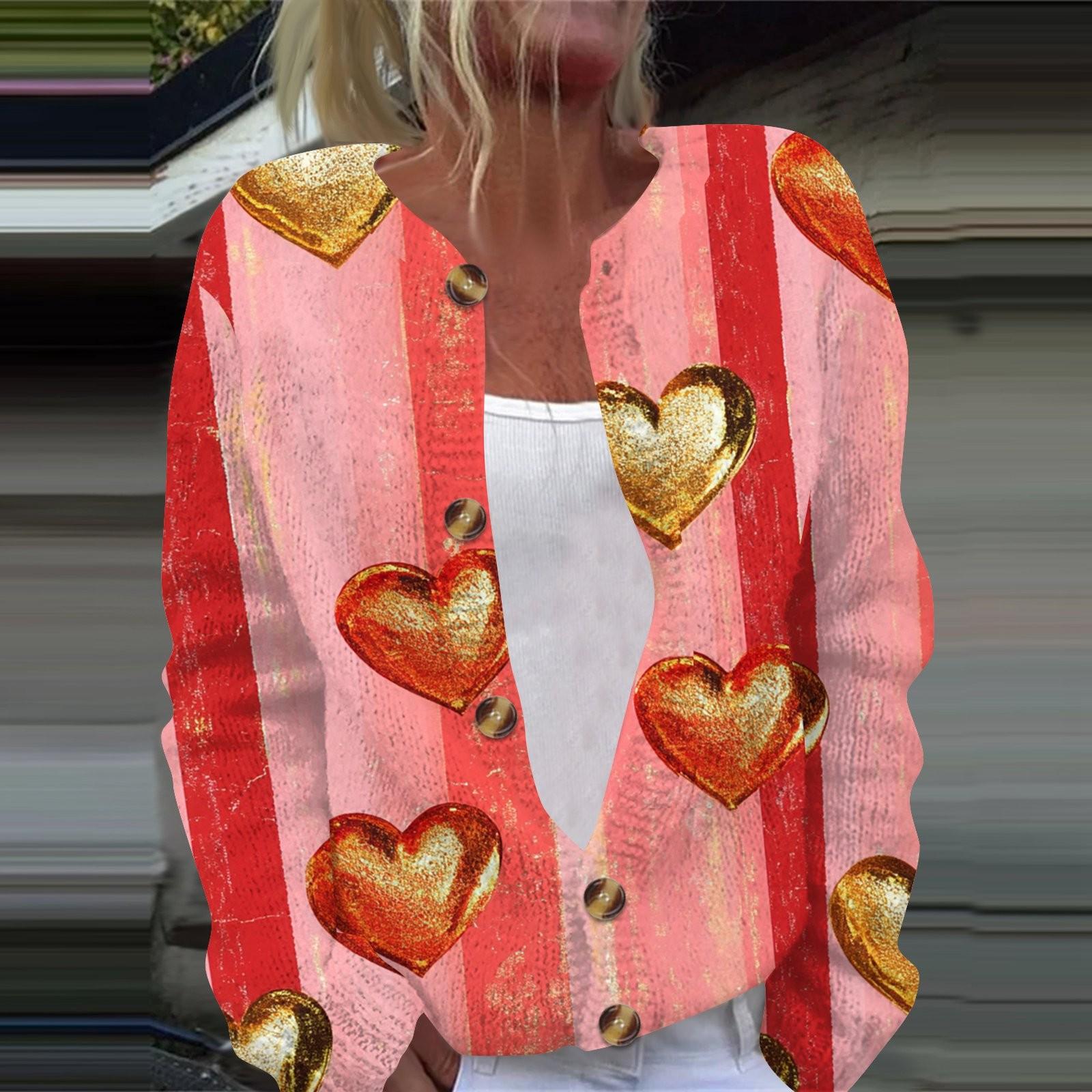 

Женская мода День святого Валентина Сердце Принт Длинный рукав Вязаный кардиган Куртка на пуговицах XL арбуз красный