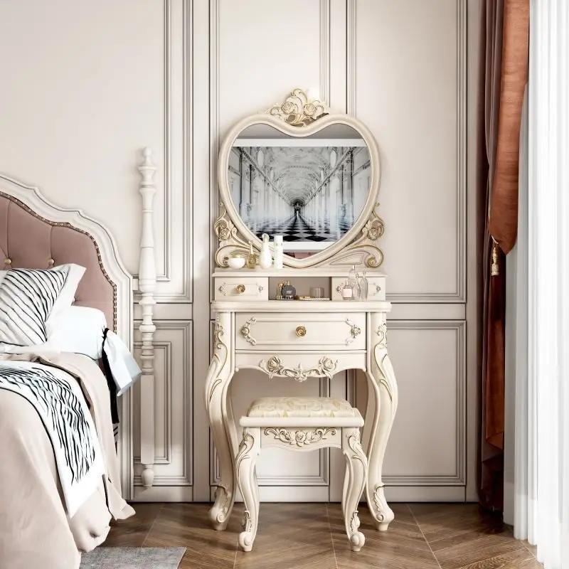 European Dressers Vanity Table Set with Mirror White Makeup Desk with Drawers & Stool - Small Wood Dressing Table for Bedroom