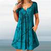 Ladies Casual Round Neck Button Ruched Trim Printed High Waist Loose Dress