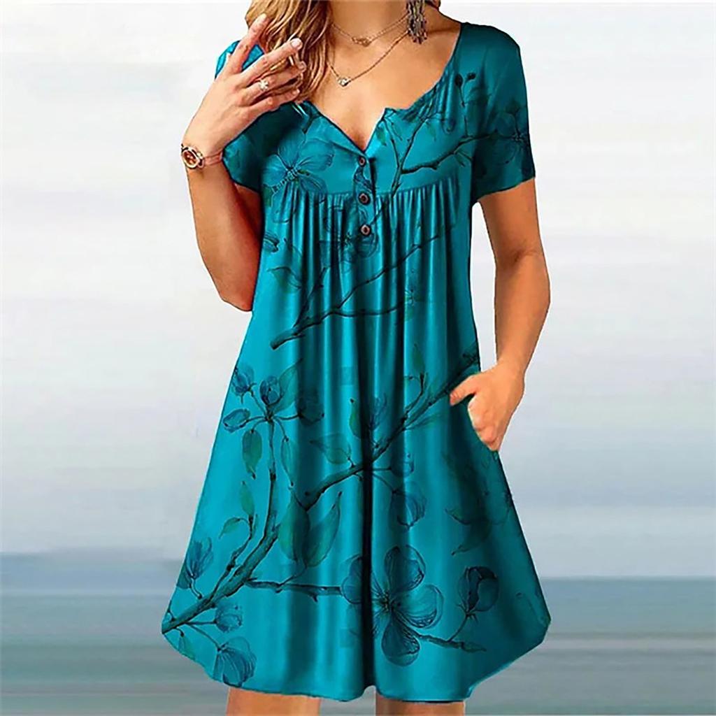 Ladies Casual Round Neck Button Ruched Trim Printed High Waist Loose Dress