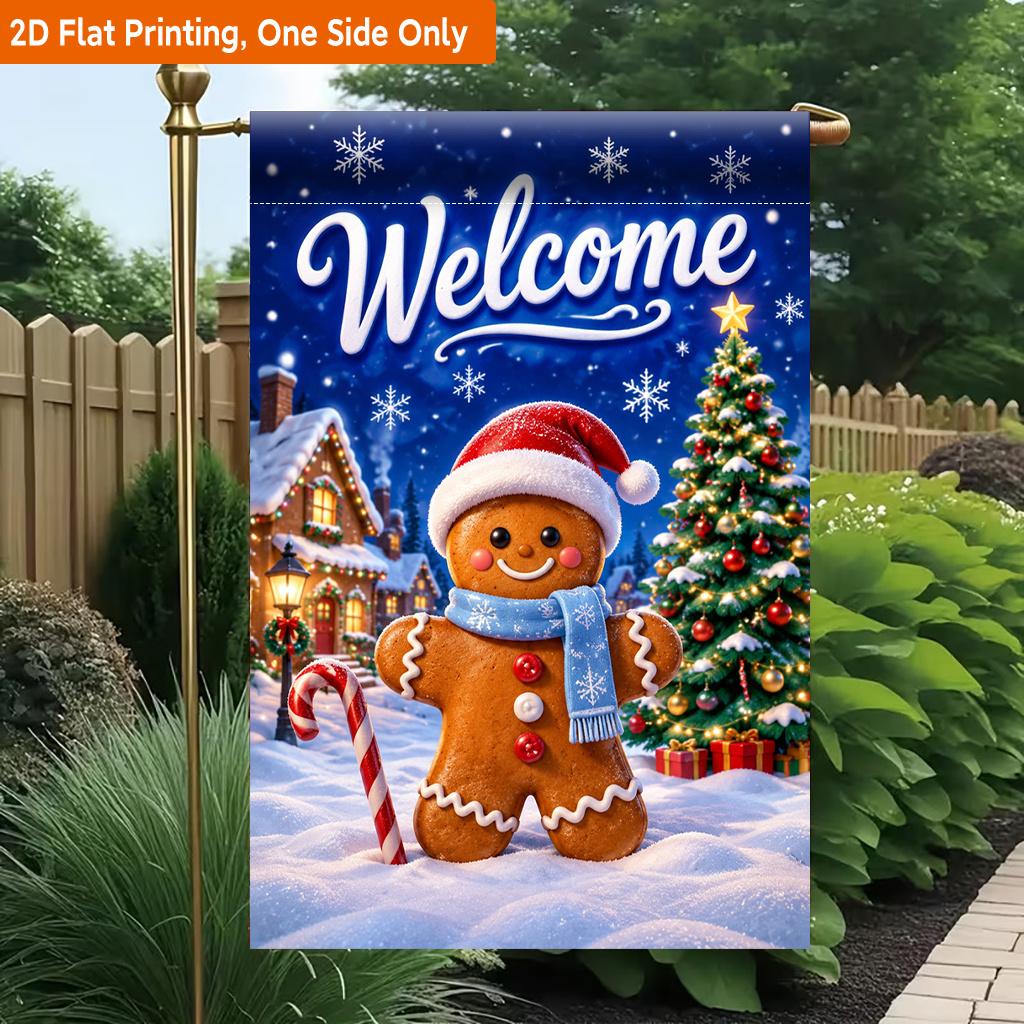 2D Flat - 2D Flat Printing Garden Flag 1pc, Gingerbread Christmas Scene Durable Single-Sided Print Yard Flag, Garden & Home Holiday Decoration, 29.97X