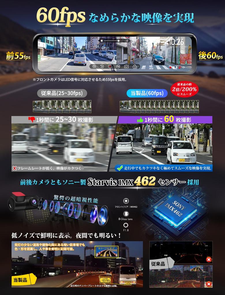 PORMIDOAUTO Mirror-Type Dashcam [Highest Specs Ever: Smooth 60fps Recording Even at High Speeds, IMX462 x Super Bright LCD for Clear Day and Night Vis