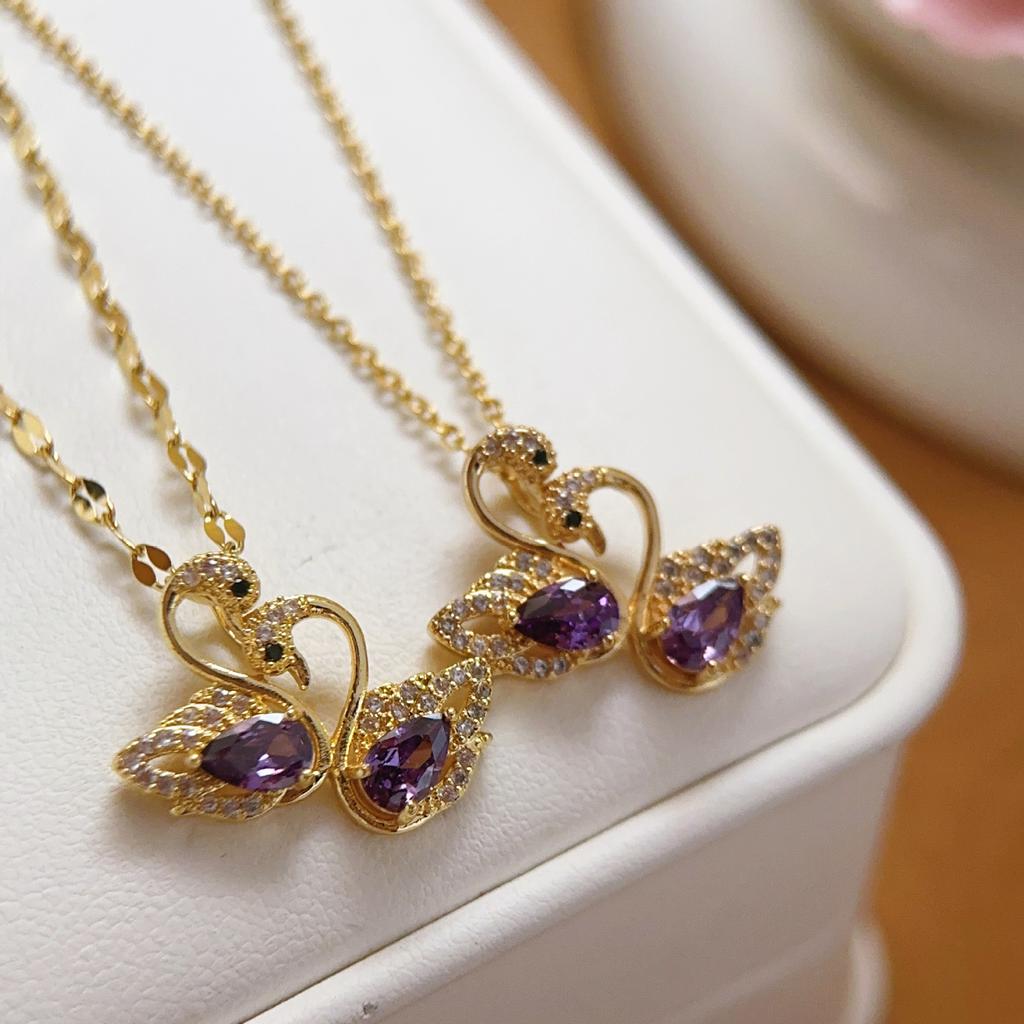 New micro-inlaid copper-plated real gold double swan necklace for women, purple mandarin duck pendant, popular online