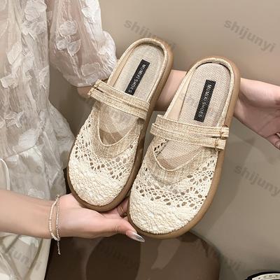 Large Size Women's Sandals Summer Hollow Breathable Vintage Slippers Lightweight Comfortable Fashion Buckle Strap Casual Flats