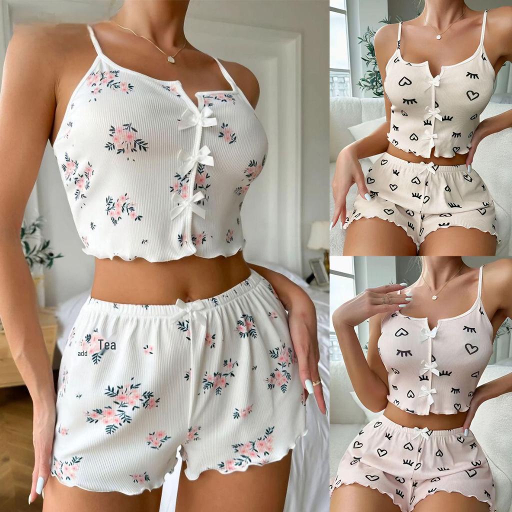 Heart-shaped Eyelash Print Ribbed Pajama Set - Camisole & Shorts