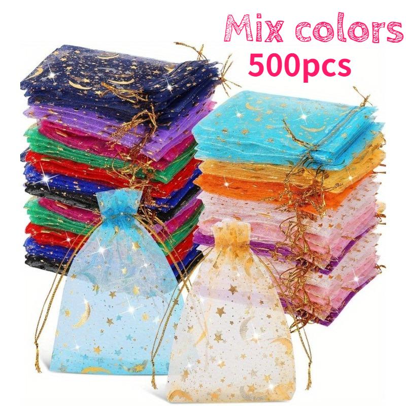500pcs Vibrant Moon & Star Organza Drawstring Bags Colorful Crescent & Celestial Mesh Pouches for Jewelry Party Favors Weddings 7x9CM