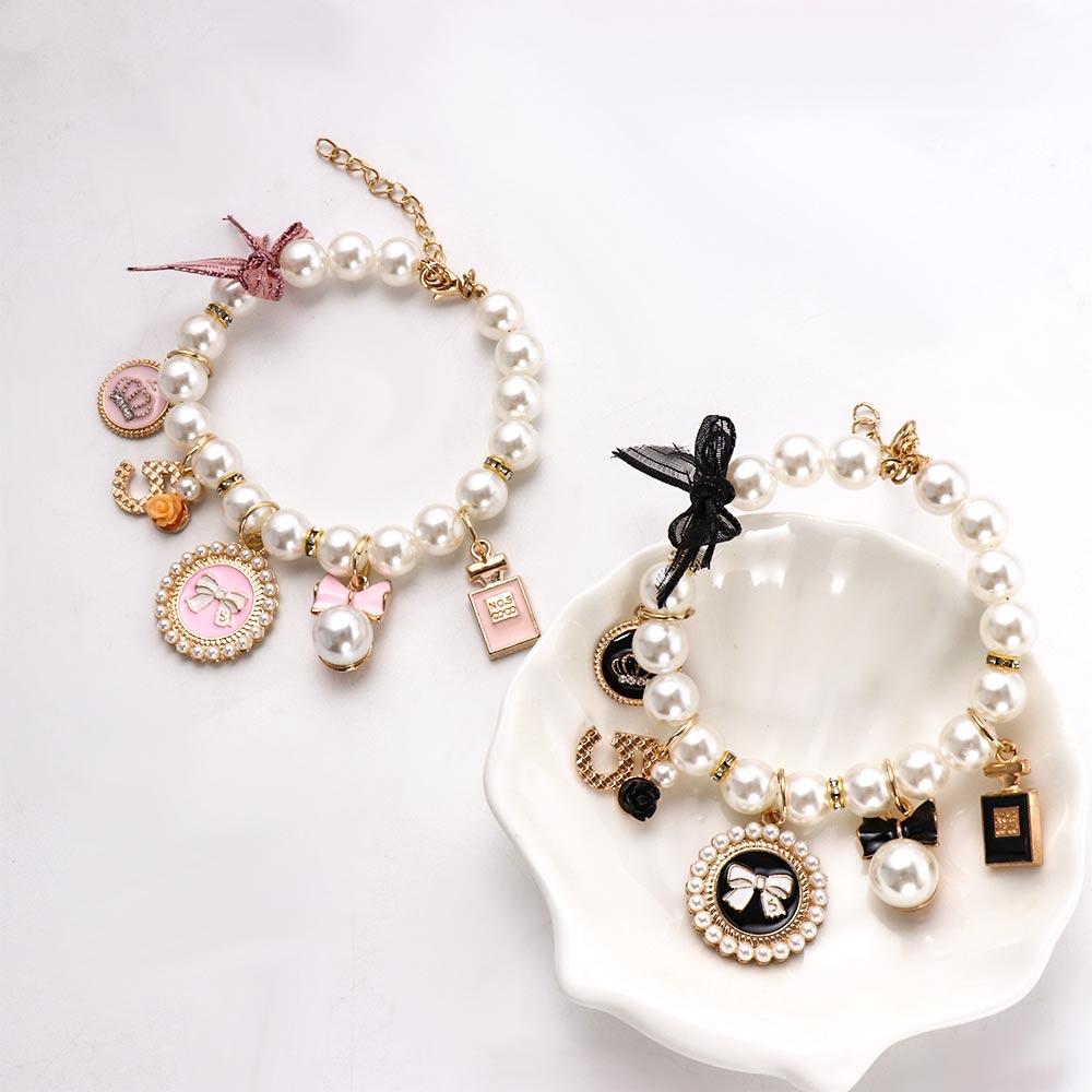 Fashion Pink Pearl Dog Chain Princess Rhinestone Pet  Collars Cat Jewelry Necklace Bow Collar