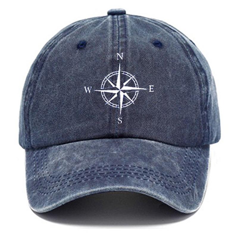 Washed cotton compass printed hat, vintage dad hat, men's retro baseball hat, soft top sun hat