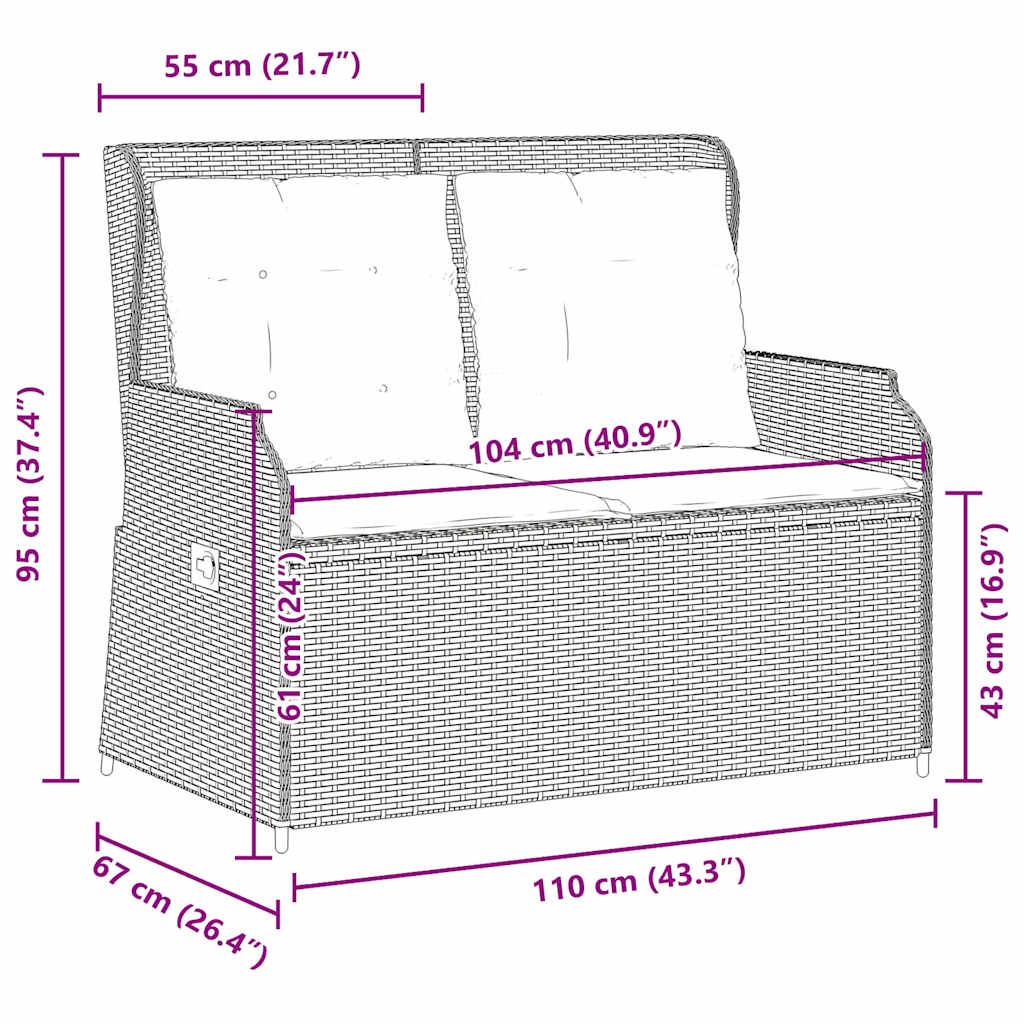 Adjustable Garden Bench with Cushions Light Grey Poly Rattan