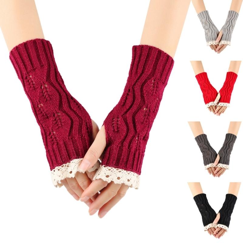 Lace Arm Sleeves Slouchy Y2K Warm Knit Gloves for Women Girl Casual Hand Warmers