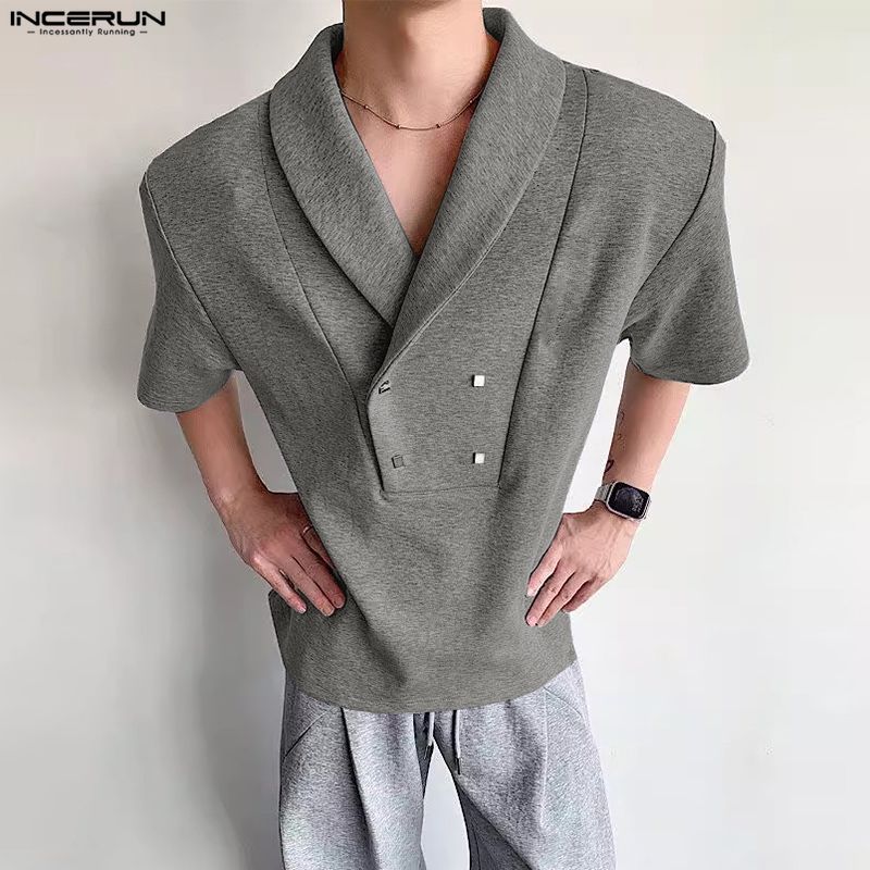 INCERUN Mens Lapel Neck Short Sleeve Casual Loose T-shirts Tops