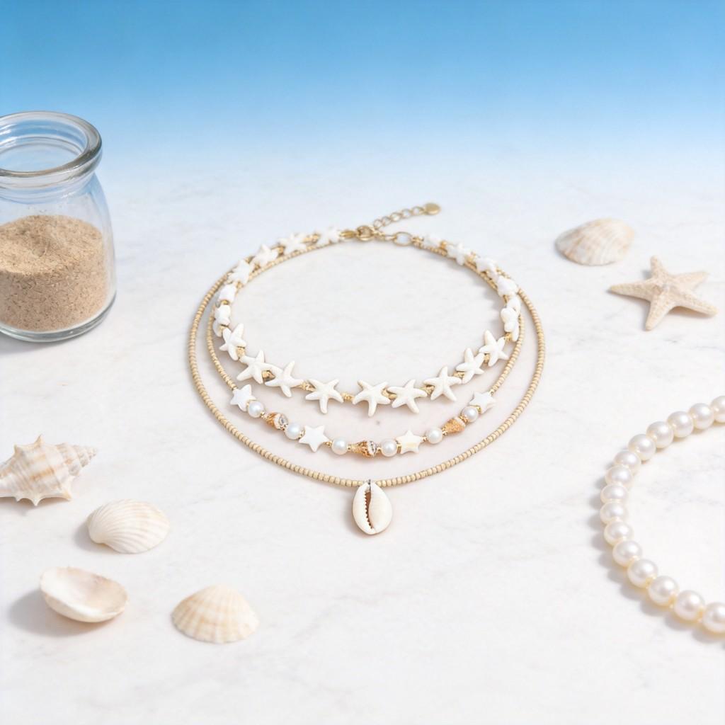 Muschel-Perlenkette mit Perlen-Lagen-Design für Damen Sommer