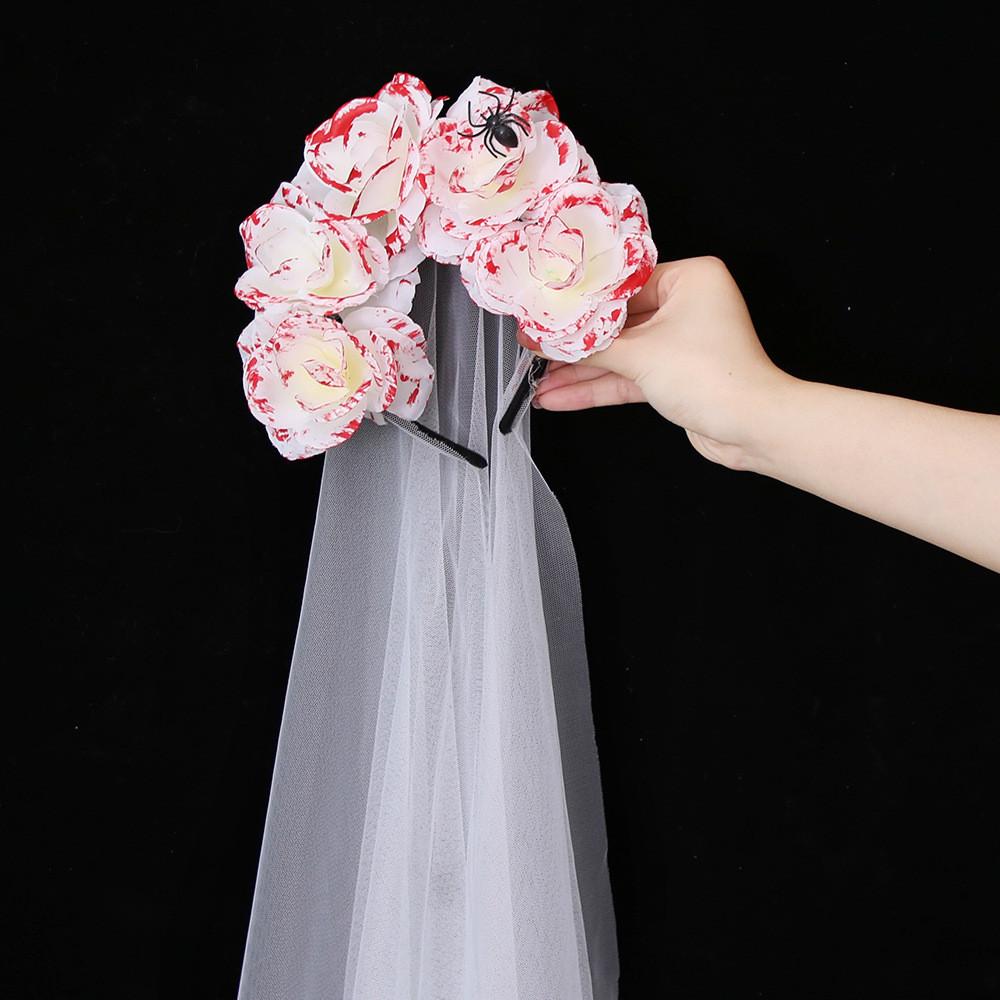 

Stylish Halloween Headband With White Veil And Unique Horns For Party Decor Rose Blood Veil