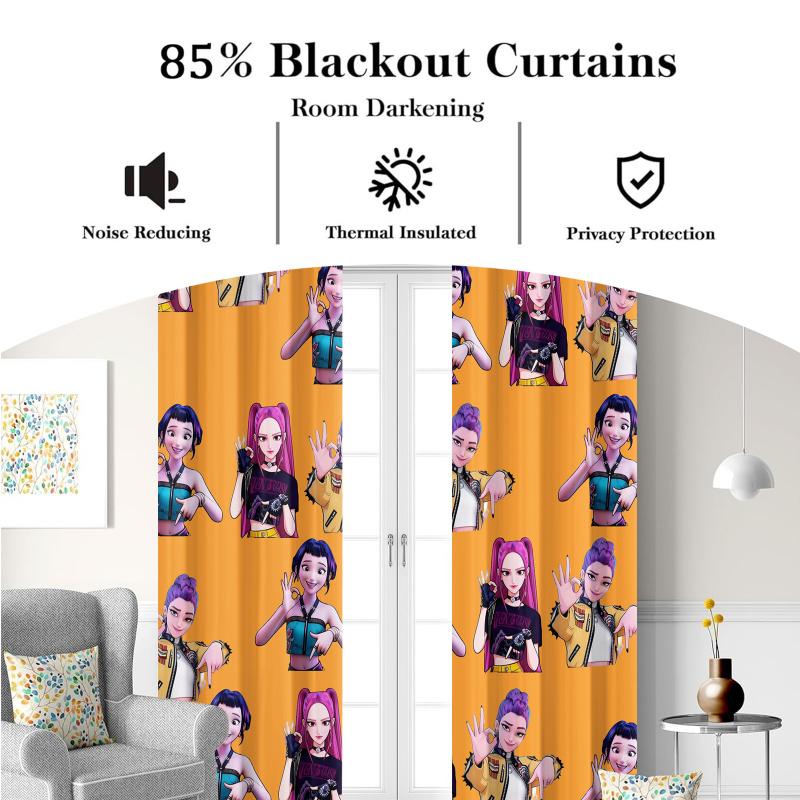 2pcs Kpop Anime Girls Curtains Cute Idol Group Print Blackout Curtains Orange Background Window Drapes For Teens Bedroom Dec