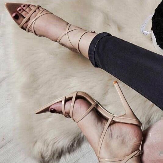 Comemore  Sexy Black Red Woman Sandals Pointed Evening Party Cross Belt Stilettos Ladies 11 .5cm High Heels Women 'S Shoes 42