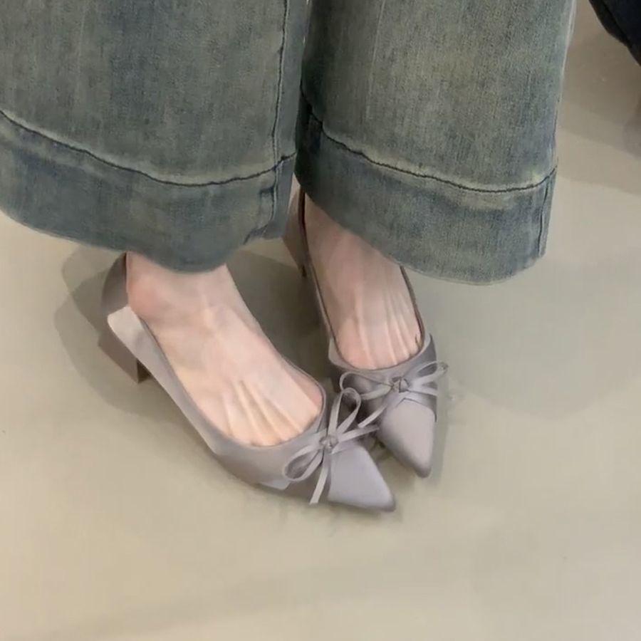 Pointed temperament high heels women's spring and summer new French gentle bow thick heel single shoes light mouth evening commuter shoes