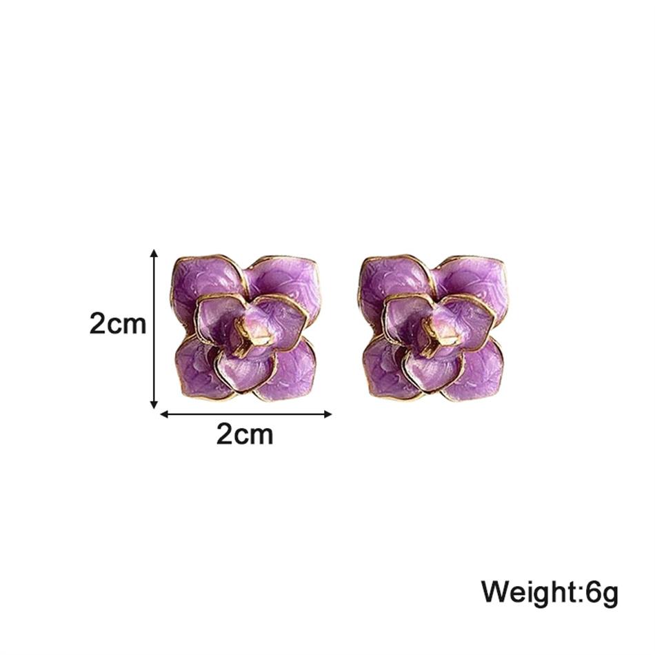 Glaze Purple Color Flower Stud Earring for Women French Retro Elegant Korean Sweet Ear Wedding Party Jewelry Gift