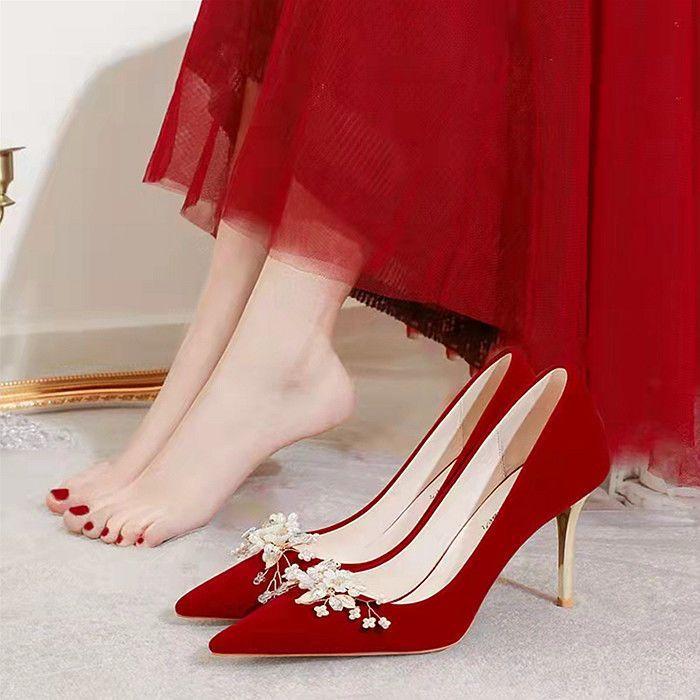 French stiletto wedding shoes 2025 new female wedding bride shoes show clothes wedding dress two wear red high heels