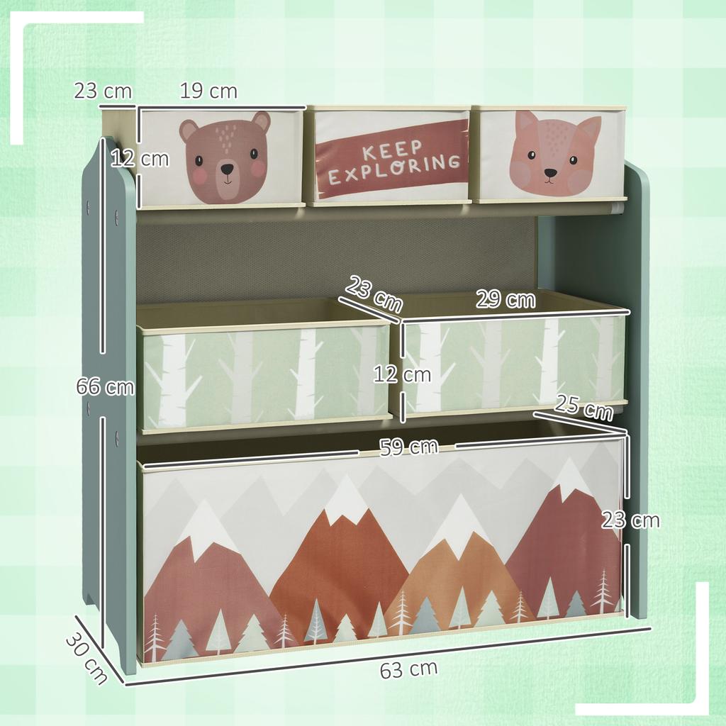 Kids Storage Unit, Toy Storage Organiser, with Six Fabric Bins, for Bedrooms, Playrooms, Nurseries - Green