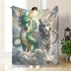 Chinese Dragon and White Tiger Print Throw Blanket - Mythical Fantasy Motif Soft Lightweight Accent for Sofa Bed Travel Gift