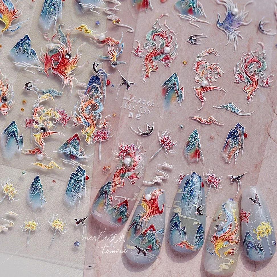 5D Butterfly Red Spider Lily Blooming Flowers Nail Art Stickers Chinese Characters Phoenix Swallow Self Adhesive Manicure Decals
