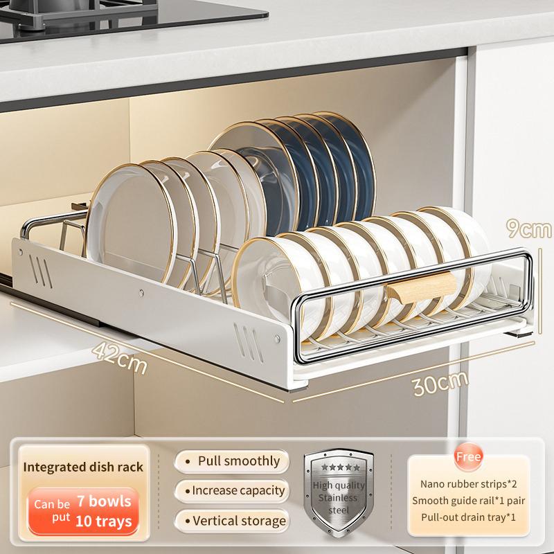 Pull-out Dish Rack With Wooden Handle And Drain Tray Spice Box Storage Rack Cabinets Organizer Kitchen Storage Rack