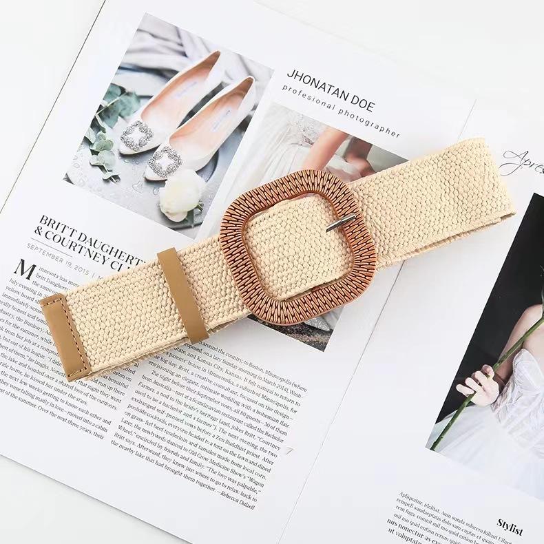 Belt Women'S Non-Porous Cotton And Linen Wind Grass Woven Belt Round Square Buckle Dress Long Shirt Decoration