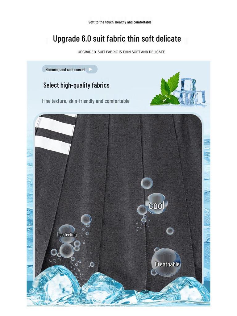 Wang Xinling High-Waisted Pleated Skirt: Short Front, Long Back, 4-Stripes, Slimming A-Line Mini Skirt.