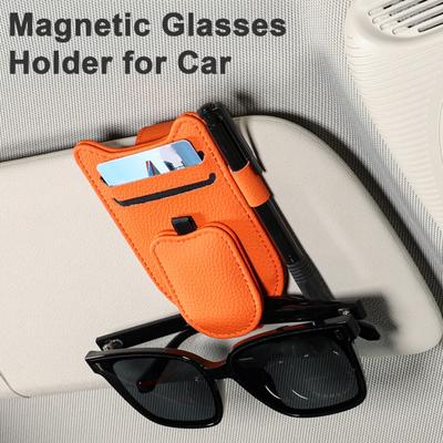 Organiseur de voiture multifonction universel avec clip pour pare-soleil, pour lunettes de soleil, cartes, support magnétique en similicuir pour la plupart des véhicules