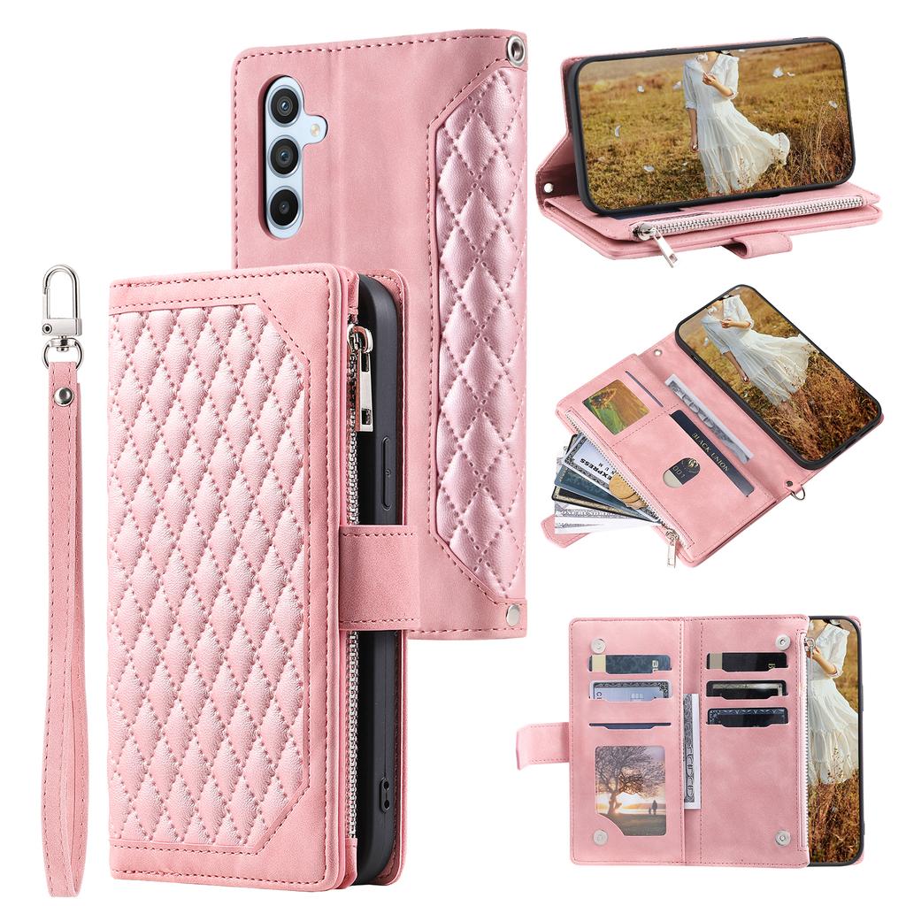 For Samsung Galaxy A17 Wallet Case Rhombus Stitching Line PU Leather Phone Cover with Wrist Strap