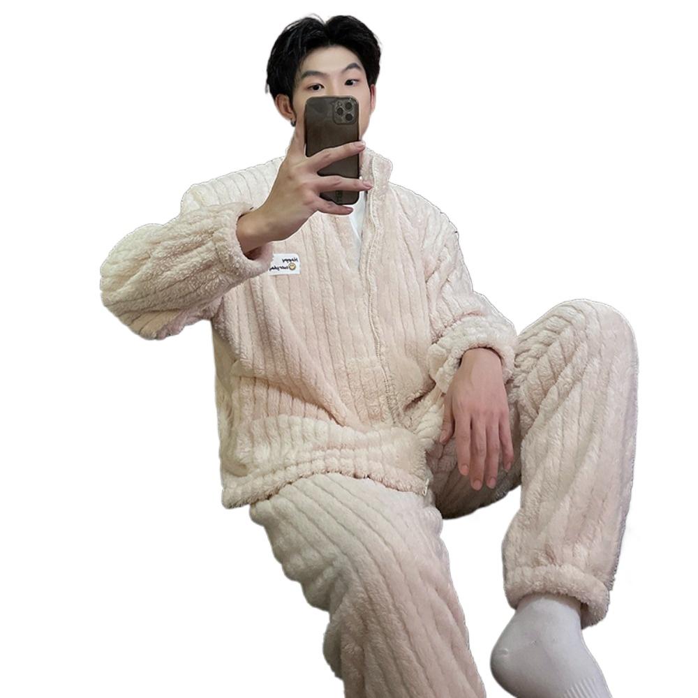 Pigiama Set Uomo Autunno Inverno Spesso Pile Cerniera Collo Alto Manica Lunga Pigiami Caldi Peluche Loungewear Uomo Casual Abbigliamento Casa