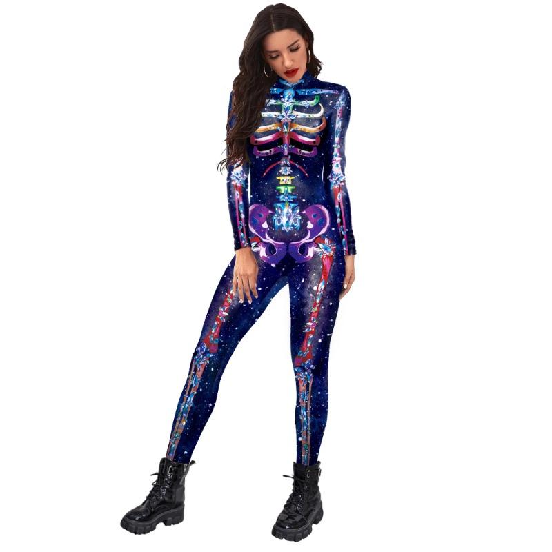 Horror Purple Skull Print Bodysuit Day Of The Dead Halloween Party Role Playing Set Adult Bodysuit Carnival Costume