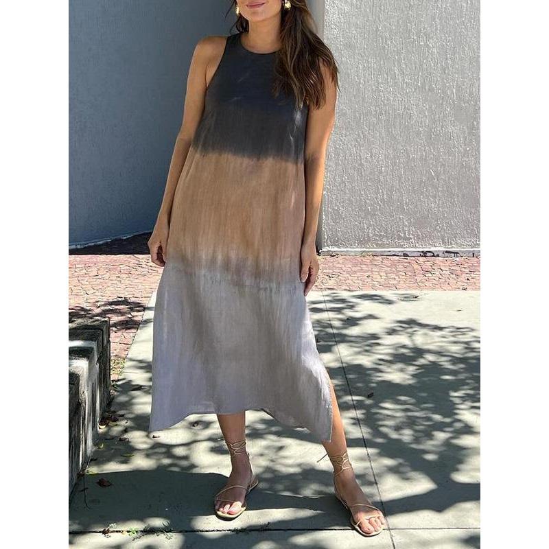 Women's Spring Cotton Linen Midi Dress, Gradient Color Sleeveless Side Slit Loose Casual Daily Vacation Dress