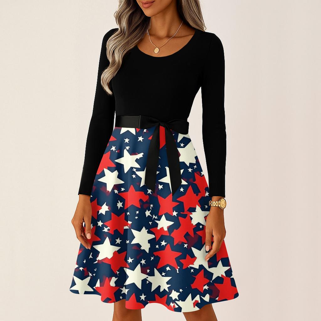 Ladies' Casual And Fashionable Round Neck Long Sleeved Retro Independent Day Print Retro Dress