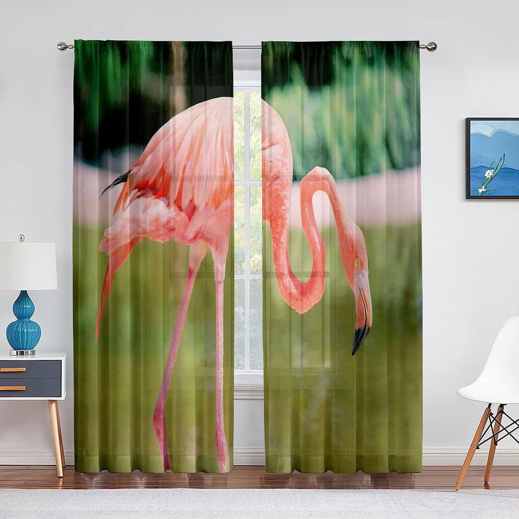 Rote Flamingos Kirschblüten Mond Tüll Vorhänge für Wohnzimmer Schlafzimmer Dekor Chiffon Transparent Voile Vorhang Küchenfenster Vorhänge