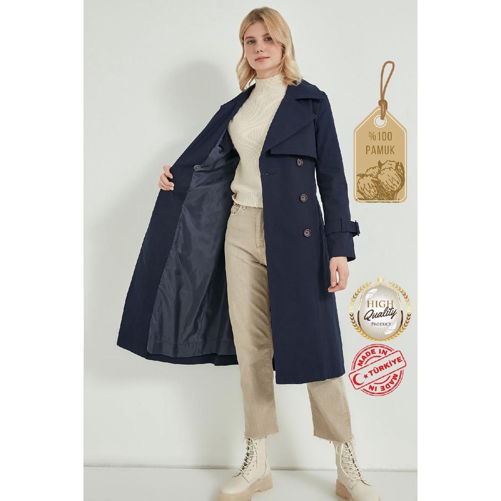 Gabardina 100% bumbac lungă (110cm) Trench pentru damă, căptușit cu curea 1111