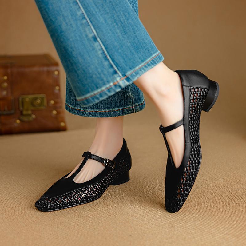 Fashion 2025 New Spring Women Pumps Genuine Leather Women Shoes Square Toe Buckle Strap Mary Janes Weave Ladies Shoes