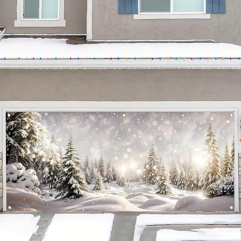 Snowy Forest Winter Christmas Garage Door Cover Door Banner Holiday Backdrop