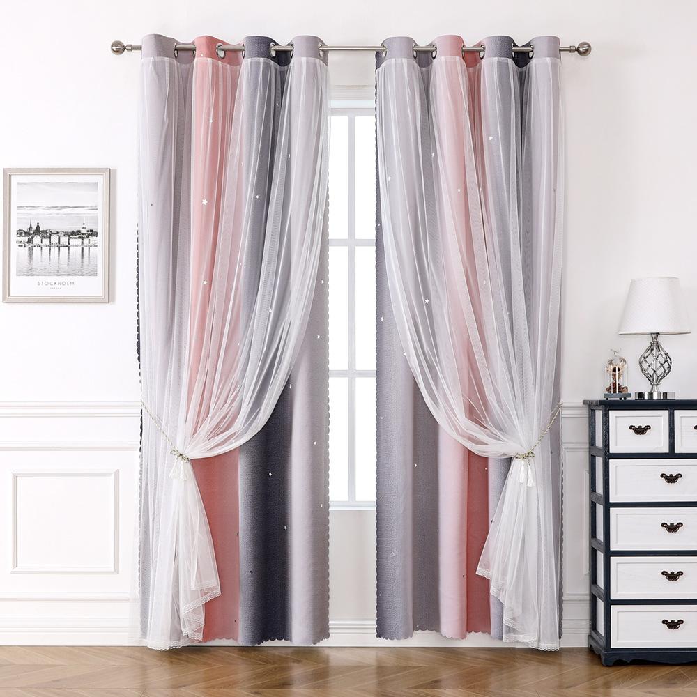 1pc Rainbow Gradient Stripes & Stars Print Double-Layer Blackout & Sheer Curtains | 100% Polyester Grommet Top Light Filtering Privacy Drapes