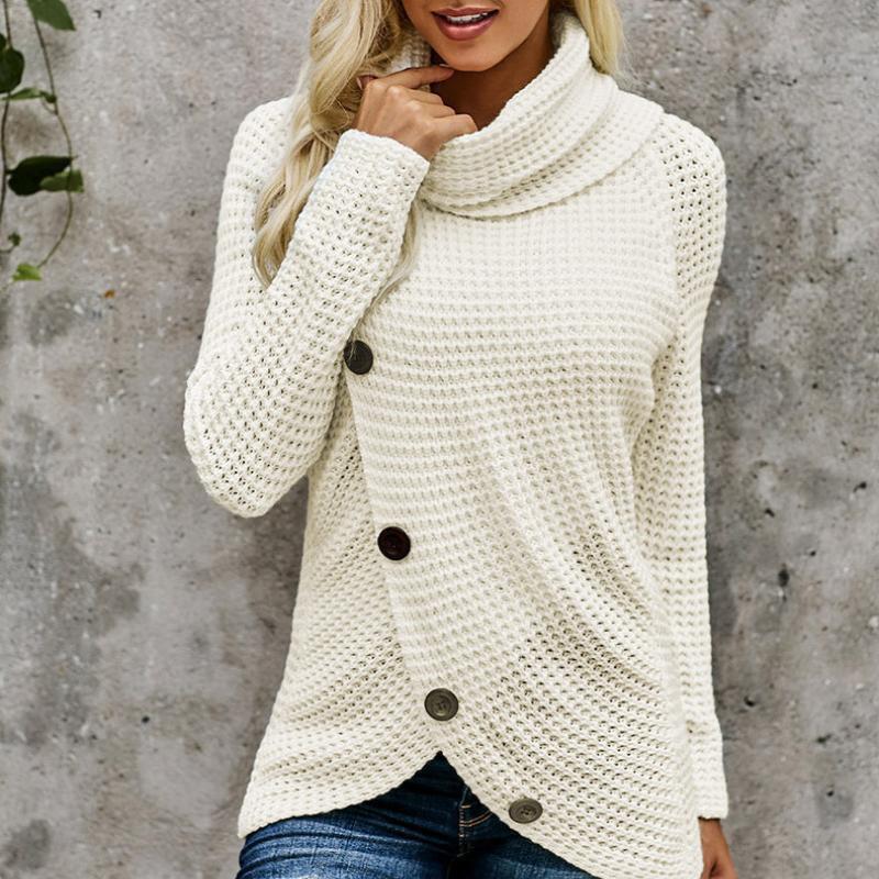 Autumn New Yellow Sweater Pullover Button High Lapel Solid Color Women's Long Sleeved Needle Casual Versatile