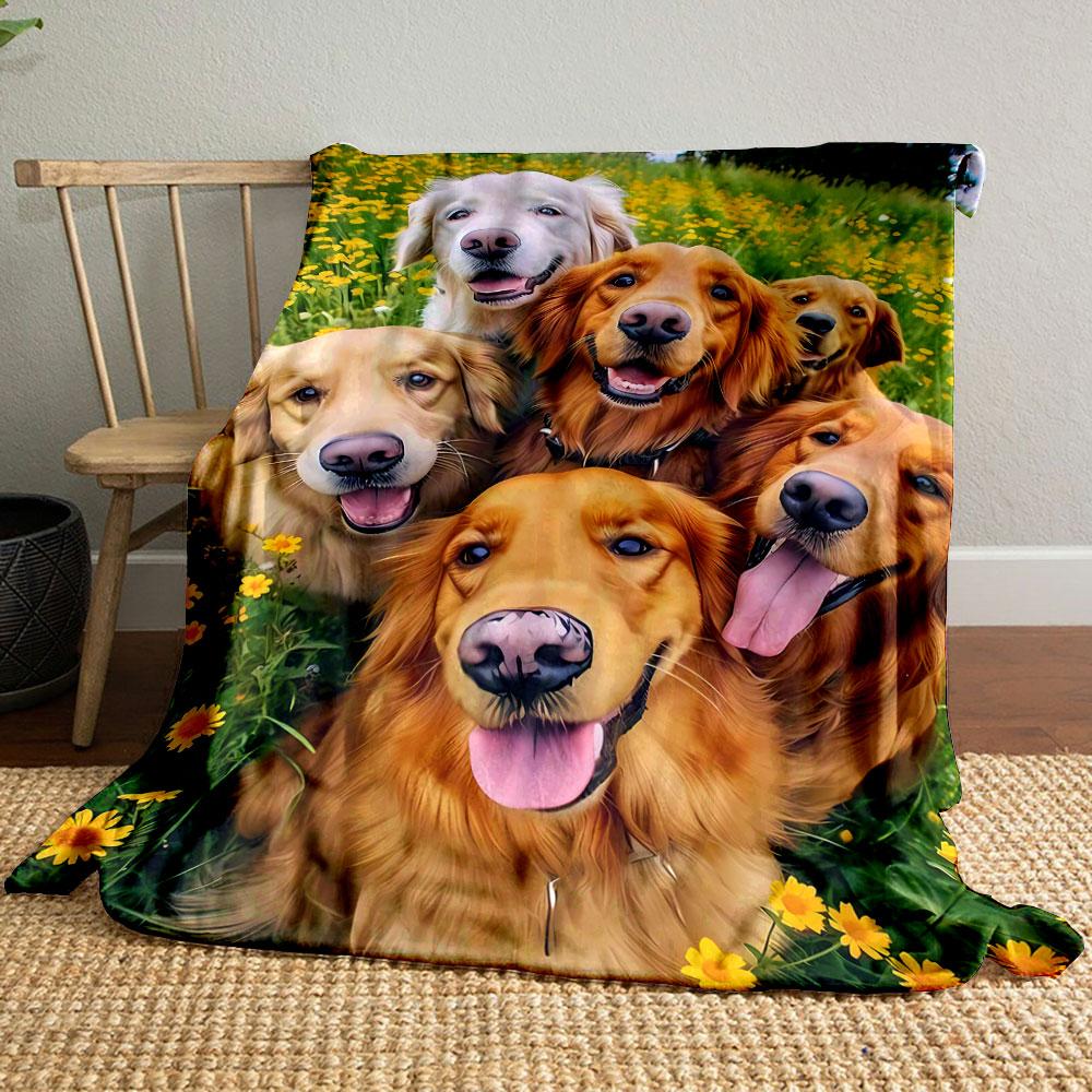 Golden Retriever Group Floral Blanket bedroom Blanket for Livingroom Couch lunch break Soft throw for Friend's festival Gift